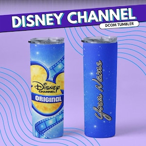 May include: Two stainless steel tumblers with lids. One features the Disney Channel logo and the words "Original" in a yellow and blue design. The other has a blue starry background with the words "Your Name" in cursive.