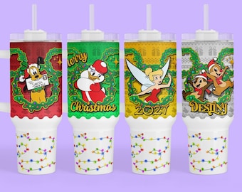 Gepersonaliseerde Disney-kerstbeker 40 oz - aangepast cadeau voor familievakantie, heel vrolijk feest