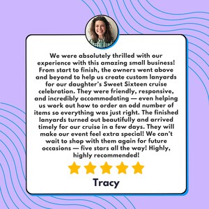 The image is a screenshot of a review box containing text and a photo of a smiling woman. The review box has a rating of 5 stars and contains a positive review of a business, specifically a custom lanyard company.