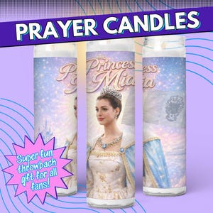 The image is a collection of three candles, each featuring a different image of a woman in a tiara. The candles are labeled as "Prayer Candles" and are described as "Super fun gift for all fans!"
