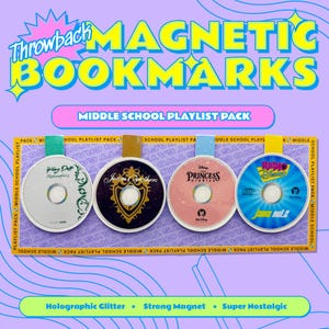 Throwback Magnetic Bookmarks with Holographic Laminate - Middle School Playlist Pack (Hilary Duff, Princess Diaries, Jonas Brothers)