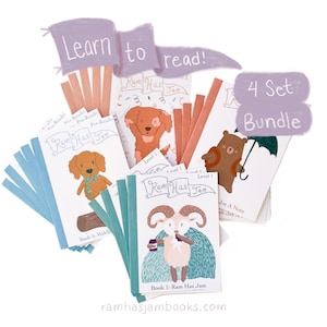 May include: A children's book set with the text "Learn to read!" and "4 Set Bundle". The books feature illustrations of a dog, bear, and ram. The books are in shades of blue, green, and white.