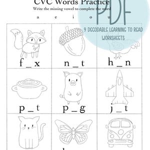 May include: Black and white CVC words practice worksheet. The worksheet includes images of a fox, acorn, hen, pot, pig, jet, cat, butterfly, and van. The text "CVC Words Practice" and "Write the missing vowel to complete the word" are visible.
