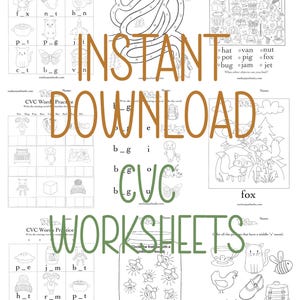 May include: A set of black and white printable worksheets for children, including CVC word practice, mazes, and word searches. The worksheets feature illustrations of animals, objects, and scenes. The words "Instant Download" and "Worksheets" are also visible.