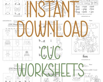 CVC kindergarten worksheets - Instant digital download of 9 CVC practice papers for printing