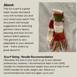 Op de afbeelding: Een handgebreide sjaal met franjes, in rood, wit, groen, roze en oranje. De afbeelding bevat tekst aan de linkerkant met "About", die de sjaal beschrijft.
