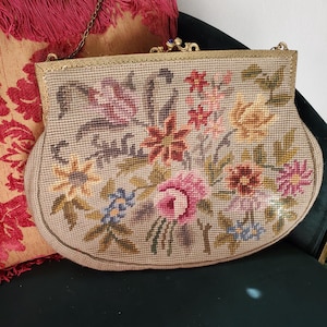 1920&#39;s/30&#39;s wool floral embroidered evening purse with brass accents and blue stone kiss closure-vintage maybe antique