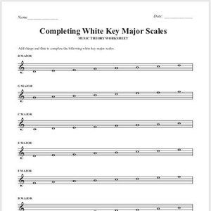Tasto bianco SCALE MAGGIORI Foglio di lavoro di teoria musicale Piano stampabile