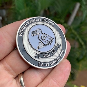 May include: A round, silver-colored coin with the text "WORLD FAMOUS ROOKS" and "EA-18 GROWLERS". The coin features a stylized bird emblem in a light blue circle, with the text "VAQ-137".