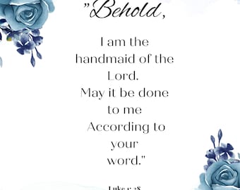 Lucas 1:38 Eis aqui a serva, Impressão Digital Católica, Impressão Católica, Impressões Cristãs, Escritura Digital, Padrão Floral Azul Estético