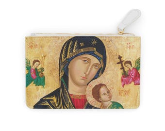 Mini bolso de mano bizantino con la Virgen y el Niño / Bolsita para rosario con icono religioso / Bolsita para velo de capilla de la Virgen María / Regalo de Primera Comunión o Confirmación