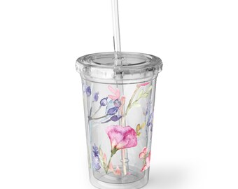 BOHO Wildblumen Cottagecore Eiskaffeetasse | Floraler Kaffee Reisebecher, botanischer Becher mit Strohhalm
