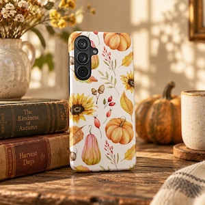 Telefoonhoesje met herfstzonnebloemen en pompoenen | Shabby chic telefoonhoesje met herfstzonnebloemen | Stijlvol en schattig, perfect voor Thanksgiving