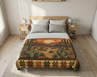 Funda nórdica de algodón con estampado de cactus y puesta de sol en el desierto del suroeste / Funda nórdica de algodón con estampado de puesta de sol en el desierto tipo edredón