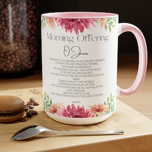 Morning Offering--Immaculate Heart of Mary Two-Tone Coffee Mugs, 15oz, Catholic Coffee Mug, Catholic Woman Gift