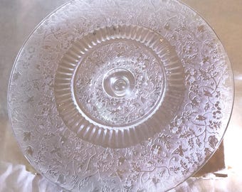 Vintage Paden City Glass Clear Spring Orchard Etched Pedestal Cake Stand/Plate, Birds, Forest, Leaves, Branches