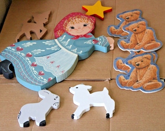 Vintage Hand-painted Wood Home Art Decorations Primitive Lady, Star, Nativity Animals Teddy Bear Coasters