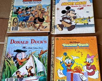 4 Vintage 1980s Walt Disney Mickey Mouse Friends Little Golden Books, Childrens Lot, Flying Airplanes, Farmer Thrift, Duck Birthday Sailboat