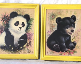 Vintage 1970s K.Chin Big Eyes Baby Bear Pair Art Prints, Ready-to-Hang Yellow Wood Frames 8x10, Whimsical Panda Black Bear, Kids Home Decor