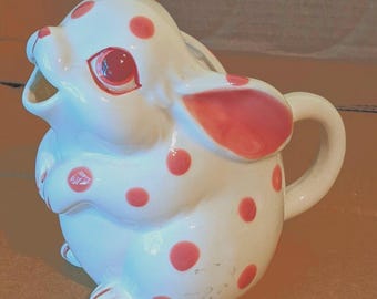 Vintage Schmid Japan Bunny Rabbit Pitcher: Pink Polka Dot Ceramic Figurine