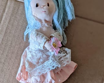 Vintage Russ Priscilla 6" Sot Doll Teardrop Eyes, Flower, Lace Dress, Blue Hair, Pink Dress, Korea, Small/Mini Toy