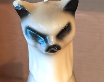 Vintage Siamese Cat Shaped Wax Candle 9" Unburned Black-White MCM, Striking Personality Pose