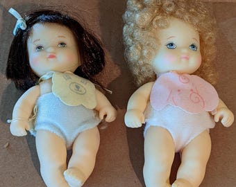 Vintage Hasbro Love A Bye Baby Dolls Toys Bibs Diapers, Brunette & Curly Blonde