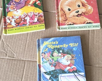 3 Vintage 1970s Rand McNally Junior Elf Kids Christmas Books Lot, Santa Runaway Elf, Puppy Home, Candy Santas