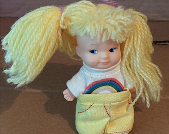 Vintage 3.5" Mini Doll Toy 1970s Dolly UD HK Co. Yellow Yarn Hair, Rainbow Shirt