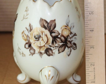 Vintage Napco Ware Japan Footed Porcelain Egg-Shaped Vase Brown Tan Flowers Figurine Home Decor Collectible