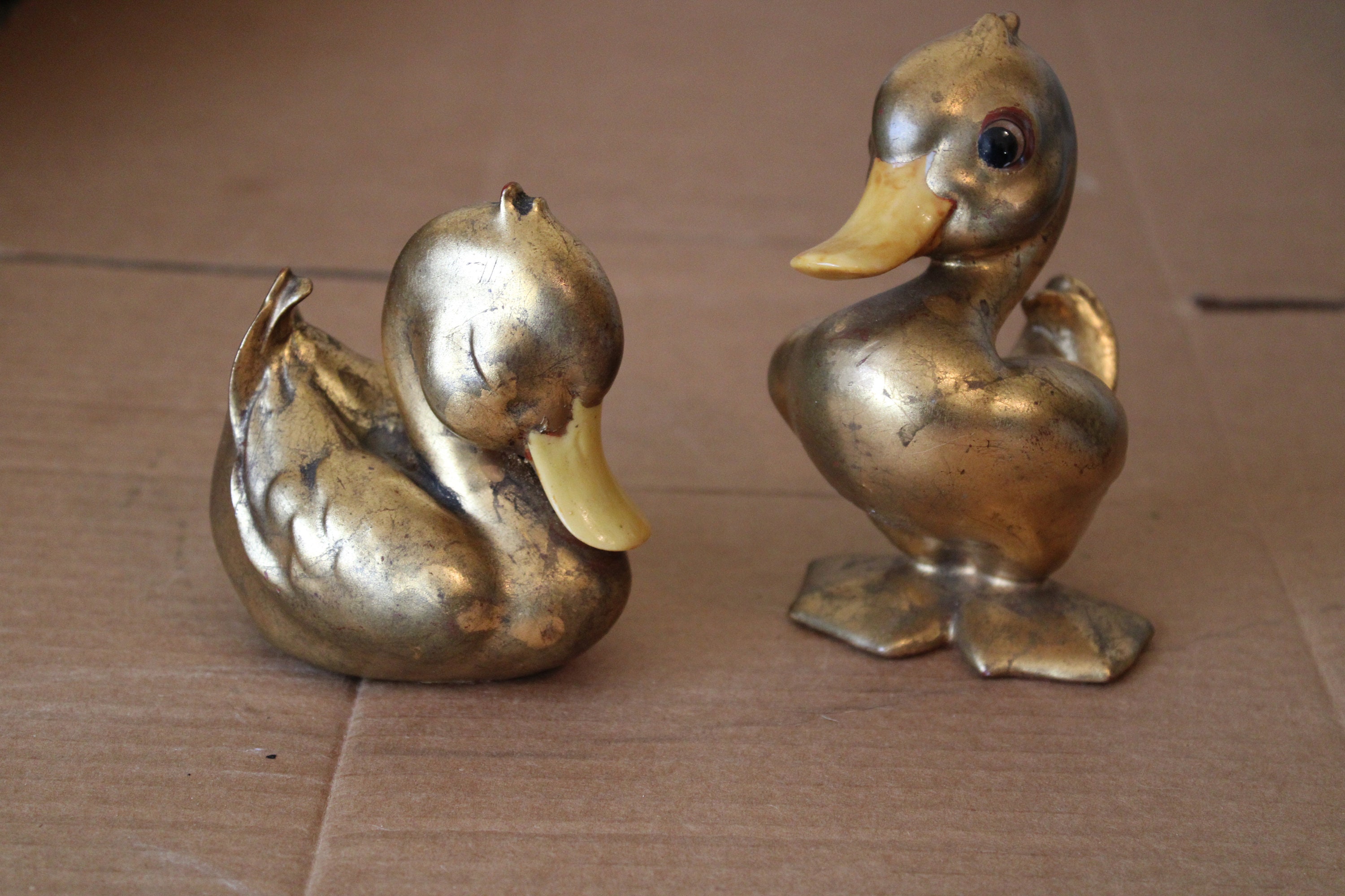 Vintage Pair Signed Cream & Bronze Duck Figurines top by Anthony USA #125 & #126