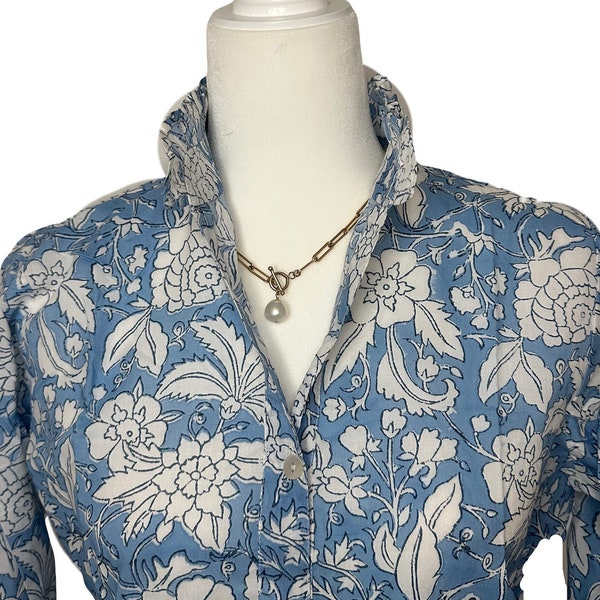 Blue Floral Block Print Cotton Blouse: Ruffle Collar Button-Down Top