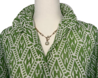 NEW ~ Green & White Unique Women's  Block Print Ruffle Collared Button Down Blouse - XS-3X