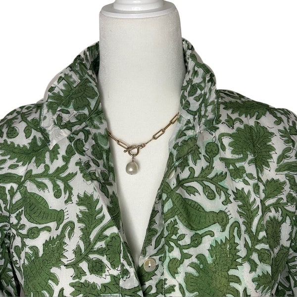 NEW ~ Peacock Green & White Unique Women's Block Print Ruffle Collared Button Down Blouse - XS-3X