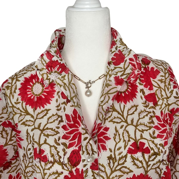 NEW ~ Red & Brown Floral Unique Women's Block Print Ruffle Collared Button Down Blouse - XS-3X