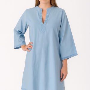 Blue Mini - One Size Women&#39;s Cotton/Linen Vacation Dress/Caftan with Pockets