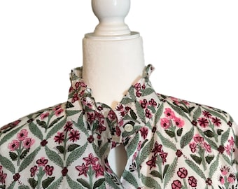 RESTOCKED ~ Green & Pink Unique Women's Floral Block Print Ruffle Collared Button Down Blouse