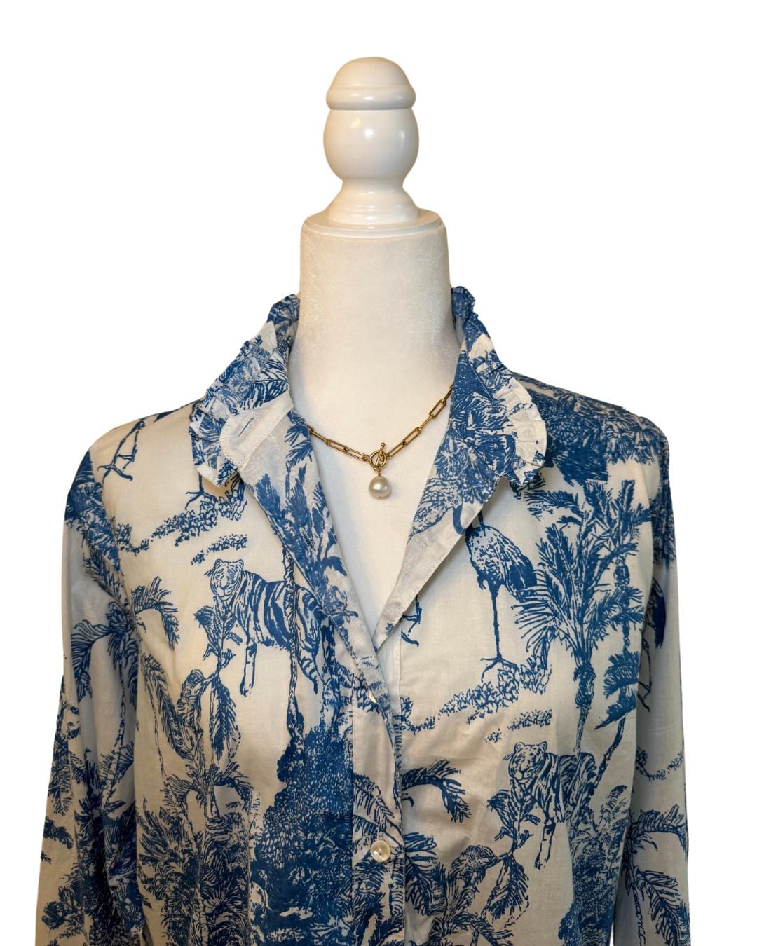 Blue & White Tropical Jungle Toile Womens Business Casual, Vacation Cotton Work Top Block Print Ruffle Collared Button Up Blouse