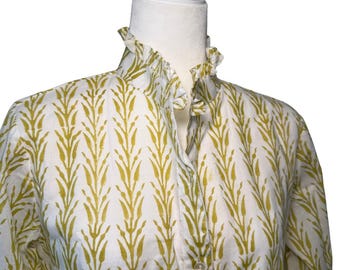 Yellow Geometric Block Print Cotton Blouse with Ruffle Collar