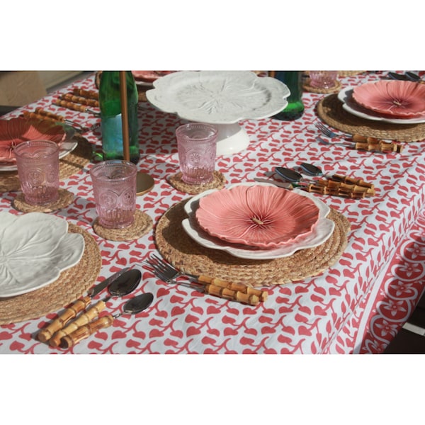 60” x 90” Summer Cotton Pink Floral Block Print Tablecloth