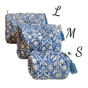 Set of 3 Blue & White Floral Quilted Toiletry Bags - Large, Medium and Small with Water Resistant Lining, 4 Pockets, and Tassel