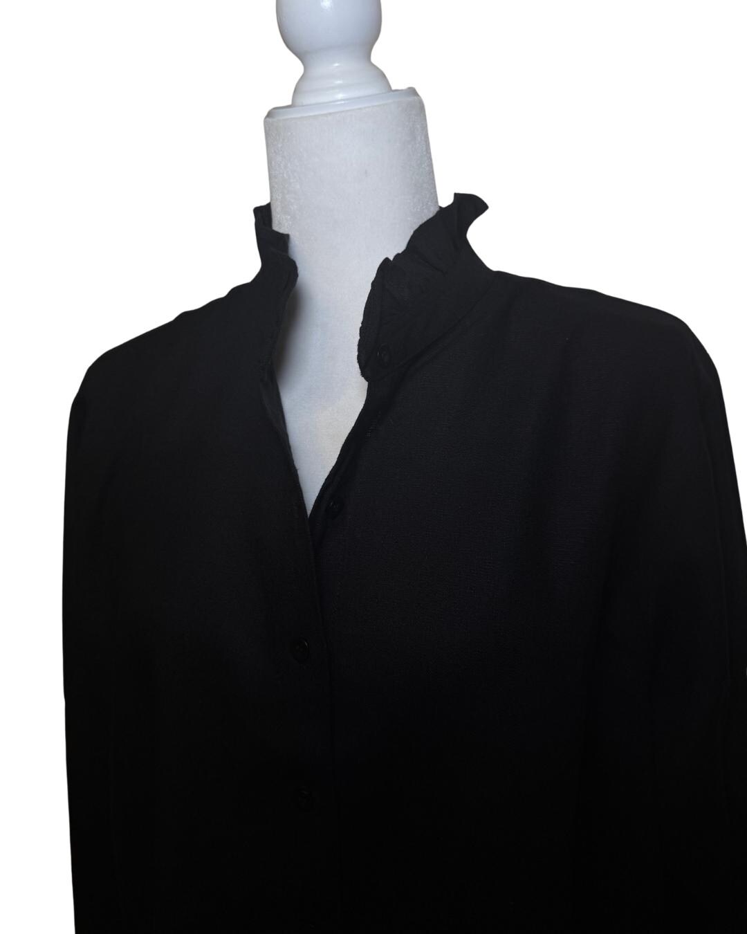 ブラックリネンコットンブレンドフリルブラウス：レディースビジネス