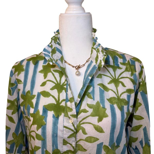Block Print Cotton Blouse: Striped Floral Ruffle Collar Top