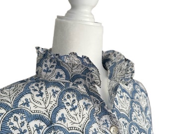 RESTOCKED ~ Blue & White Unique Women's Floral Block Print Ruffle Collared Button Down Blouse