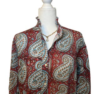 Red Blue Paisley Cotton Blouse: Ruffle Collar Block Print Top
