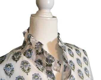 RESTOCKED ~ Green & Blue Unique Women's Floral Block Print Ruffle Collared Button Down Blouse - XS-3X