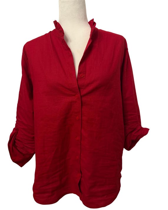 Red Linen Blend Ruffle Collar Blouse: Women's Business Casual Top