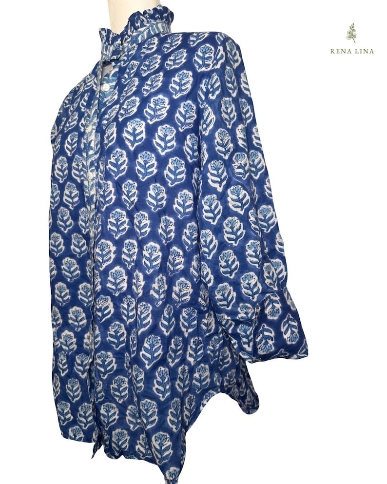 Blue & White Small Floral Block Print Cotton Blouse With Ruffle Collar ...