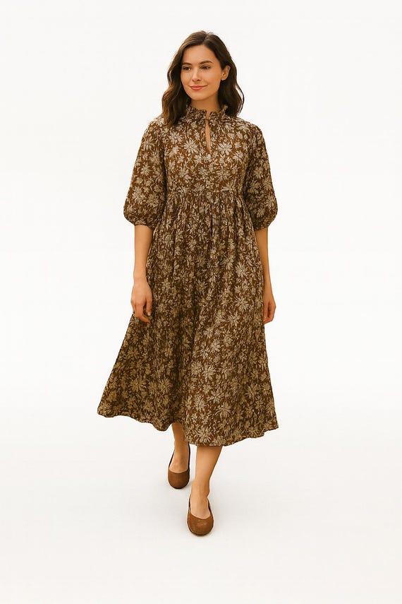brown block print dress Vintage 1980s Indian Cotton Block Print Dress main image 1