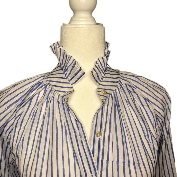 NEW Seersucker Blue & White Striped Women's Ruffle Collared Button Down Blouse - XS-3X